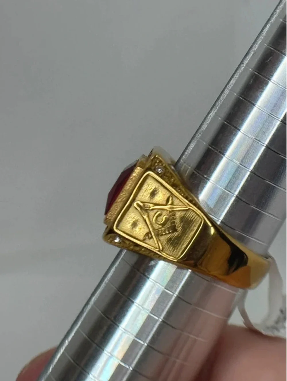 gold tone red CZ statement ring clear accents size 13